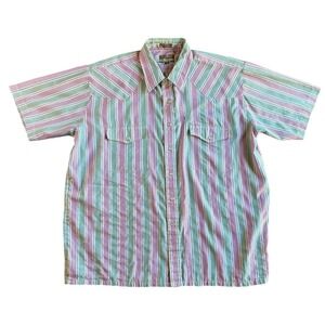 Mens Green and Pink Short Sleeve Western Pearl Snap Shirt size XL Cowboy